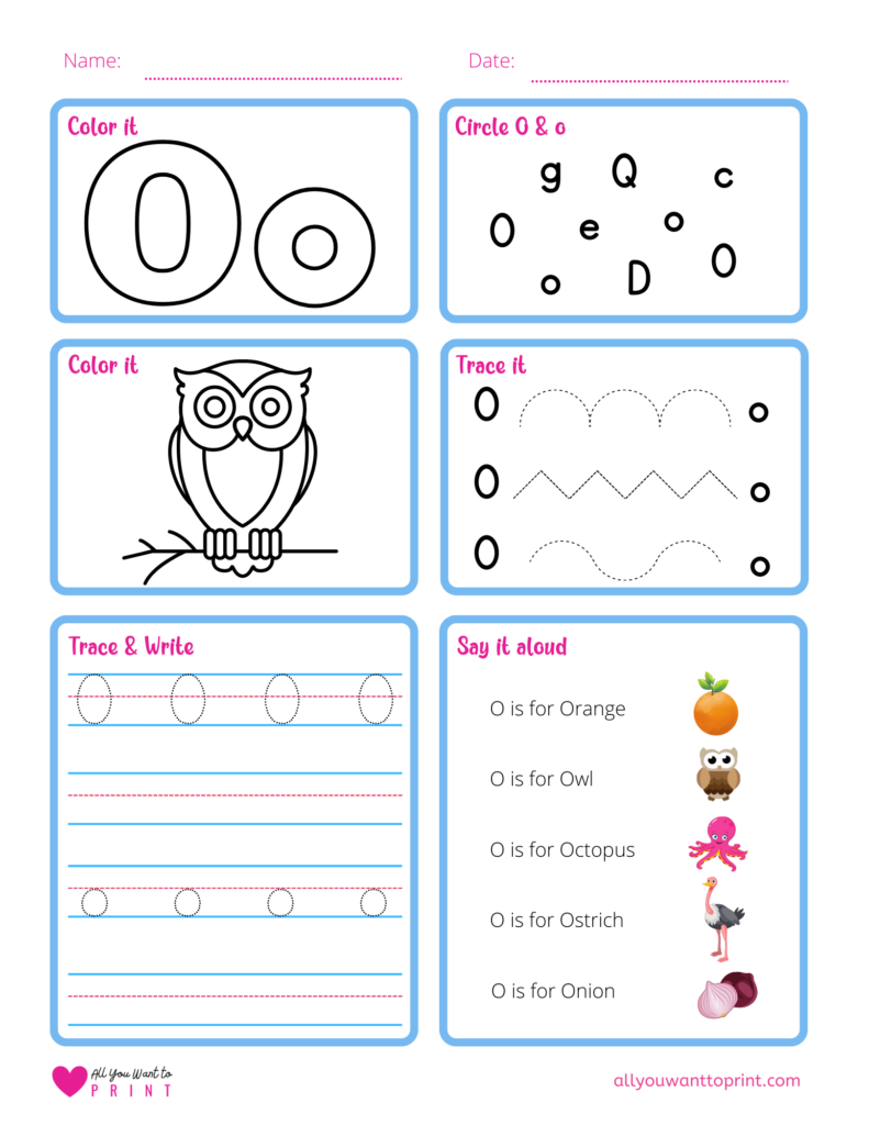 alphabet letter o worksheet pdf for preschool, kindergarten, homeschool kids
