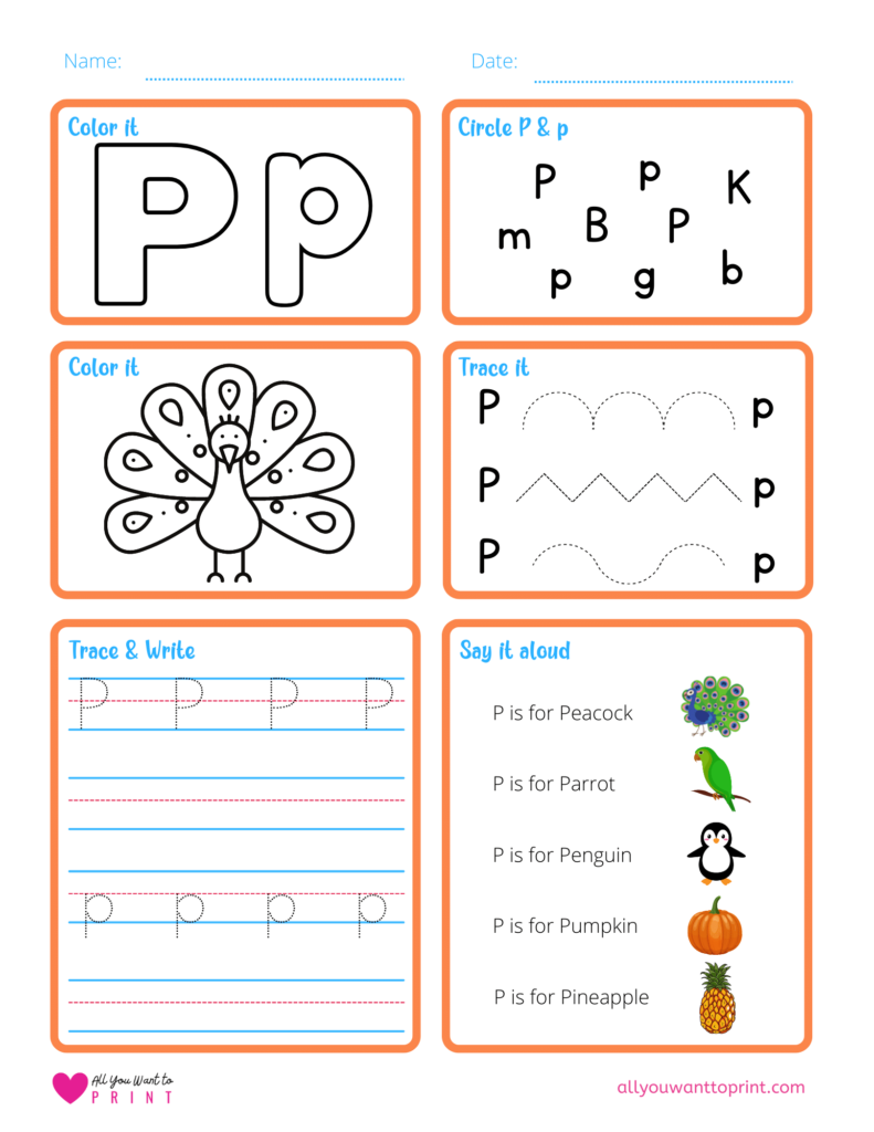 alphabet letter p worksheet pdf for preschool, kindergarten, homeschool kids