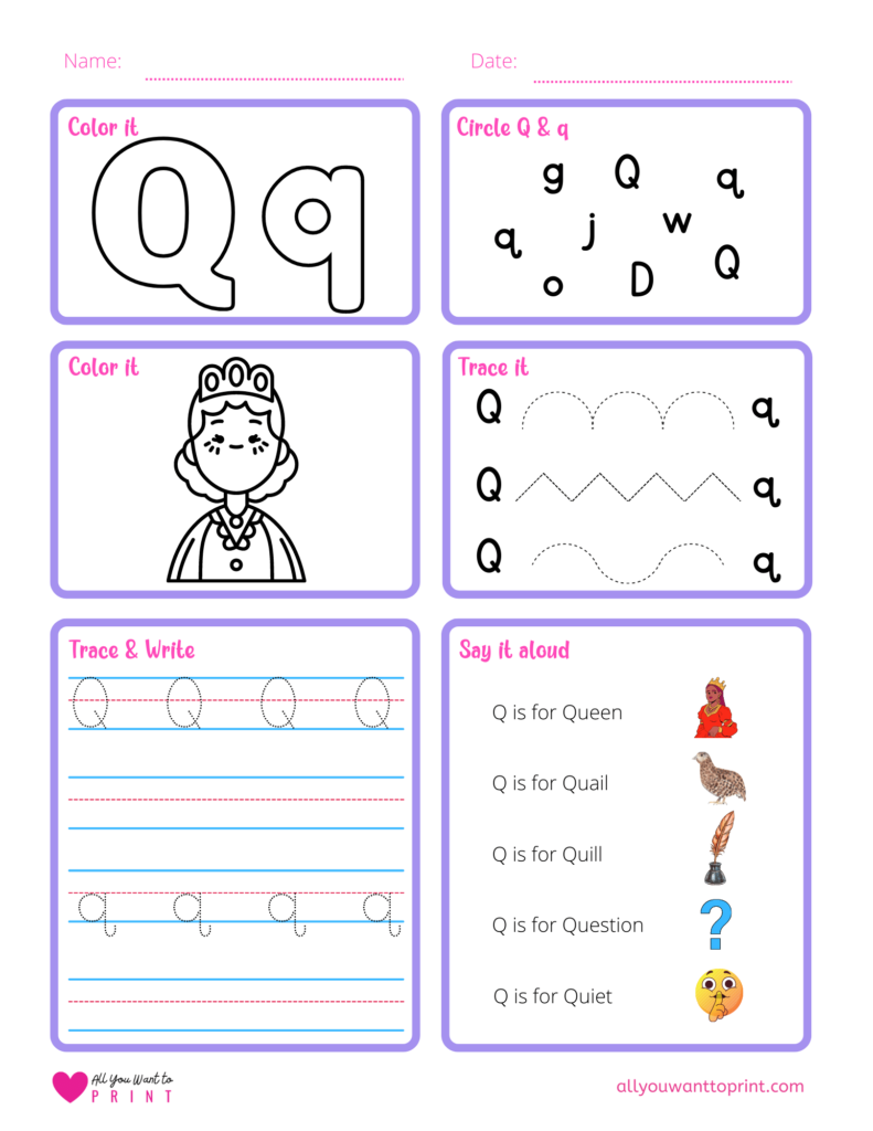 alphabet letter q worksheet pdf for preschool, kindergarten, homeschool kids