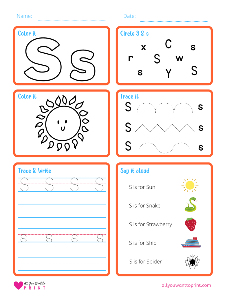 alphabet letter s worksheet pdf for preschool, kindergarten, homeschool kids