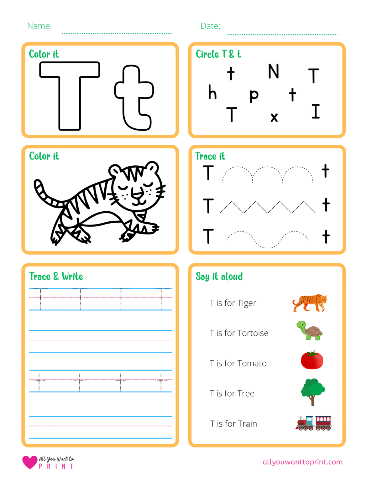 Free Printable Letter T Worksheet - 6 Activities in 1