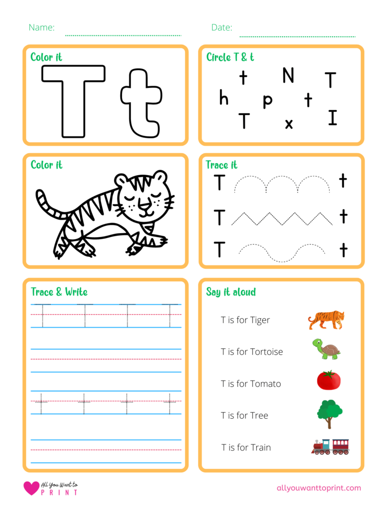 alphabet letter t worksheet pdf for preschool, kindergarten, homeschool kids