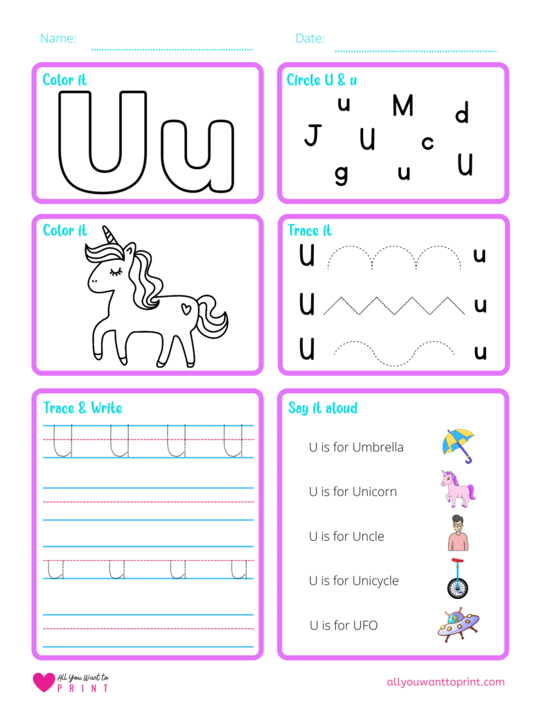 alphabet letter u worksheet pdf for preschool, kindergarten, homeschool kids