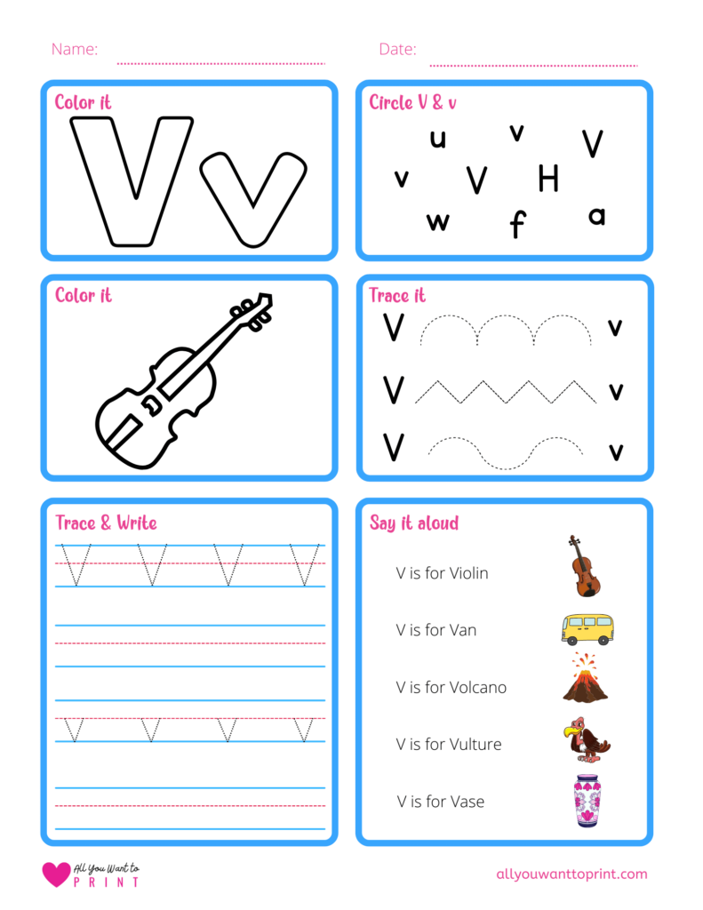 alphabet letter v worksheet pdf for preschool, kindergarten, homeschool kids