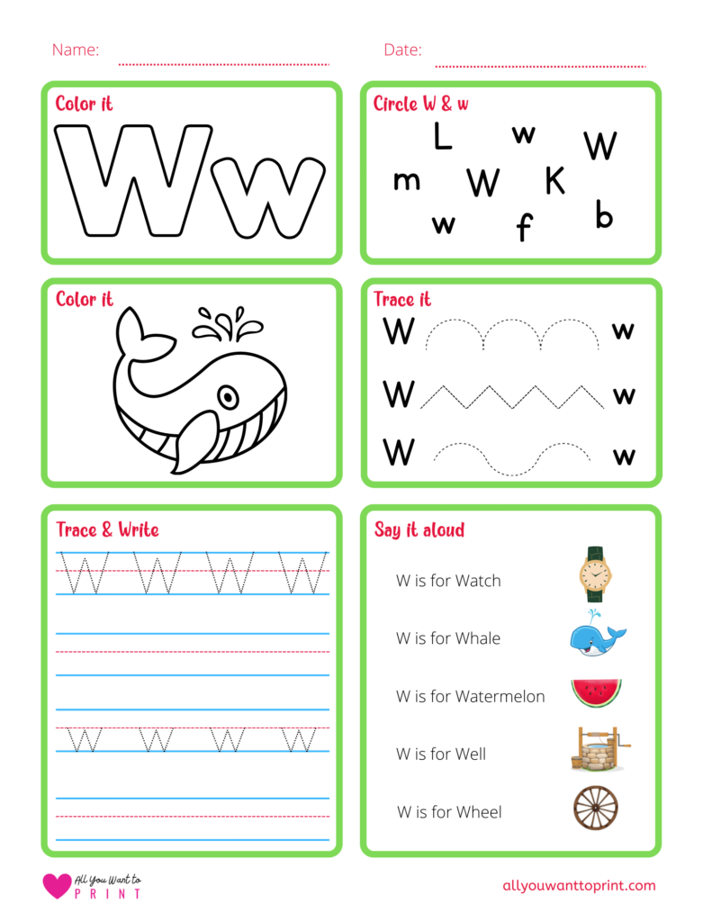 alphabet letter w worksheet pdf for preschool, kindergarten, homeschool kids