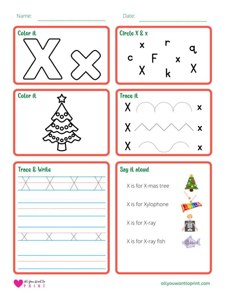 alphabet letter x worksheet pdf for preschool, kindergarten, homeschool kids