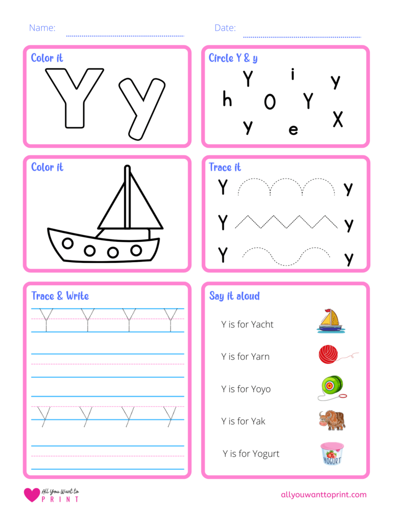 alphabet letter y worksheet pdf for preschool, kindergarten, homeschool kids