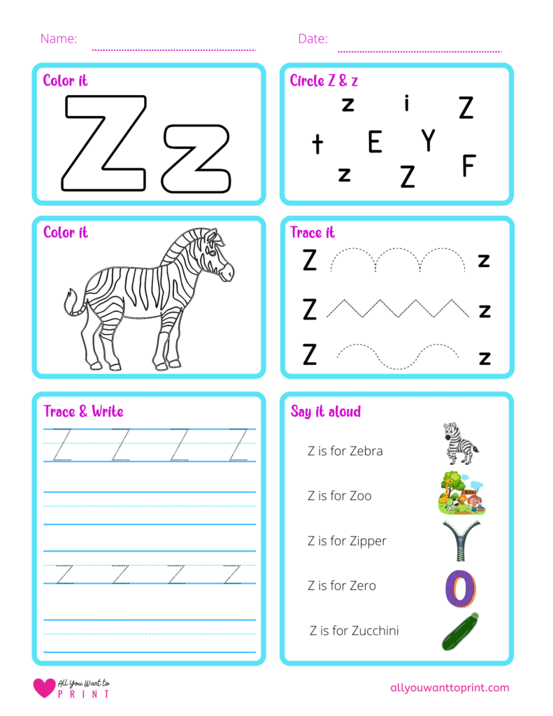 alphabet letter z worksheet pdf for preschool, kindergarten, homeschool kids