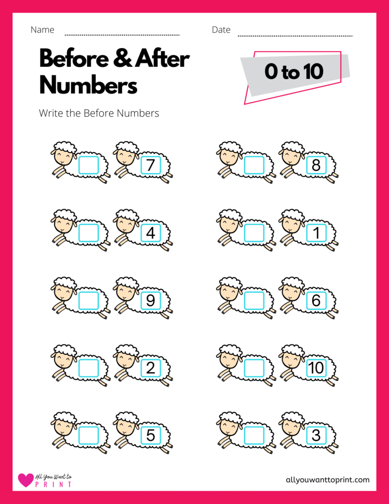 math before and after numbers worksheet for first grade printable