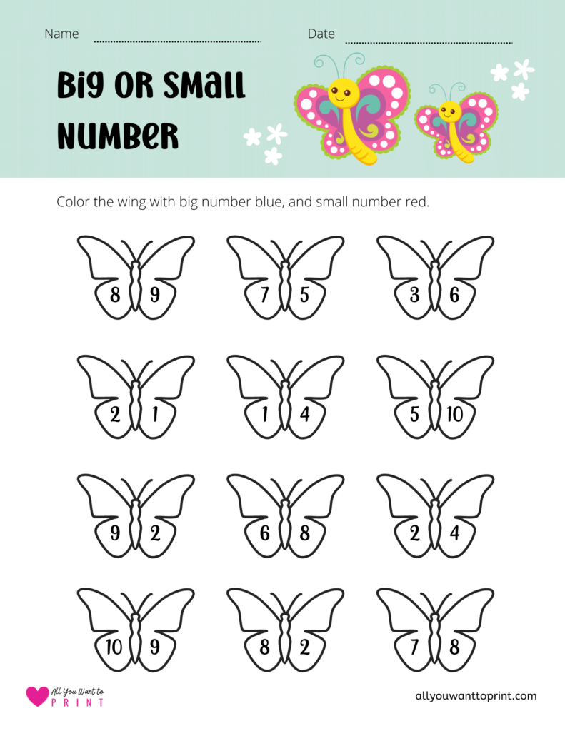 big or small number preschool kindergarten coloring butterfly worksheet 1 to 10