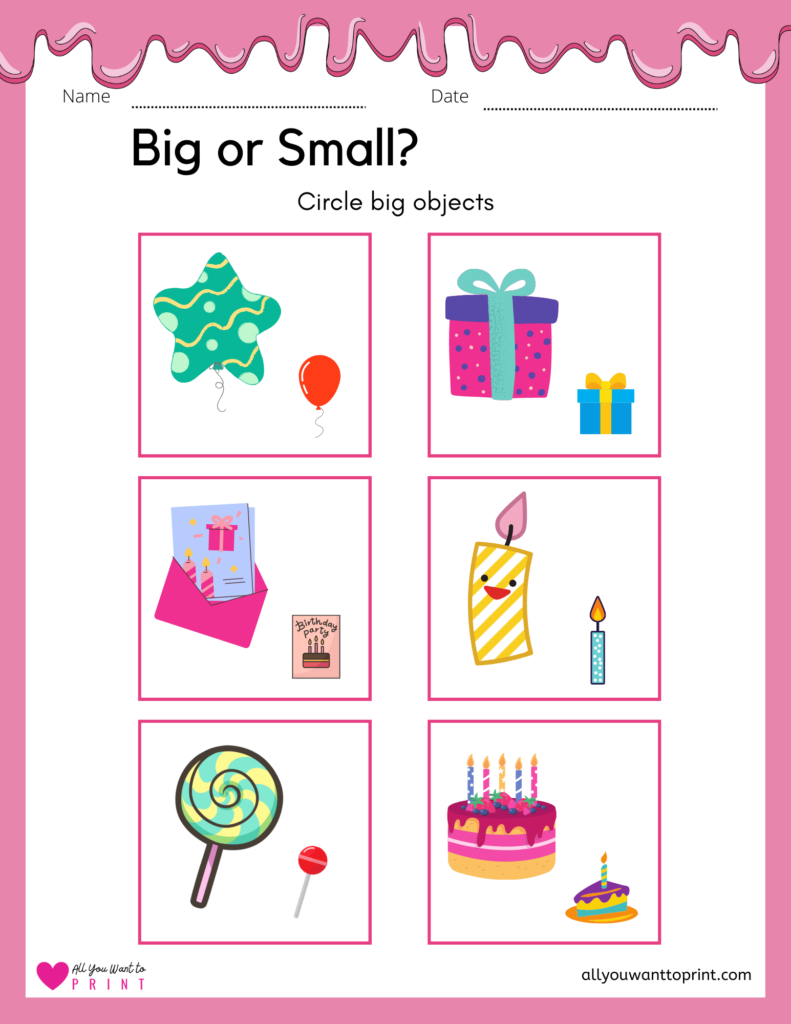 find and circle big objects - birthday party theme worksheet for preschool kindergarten kids