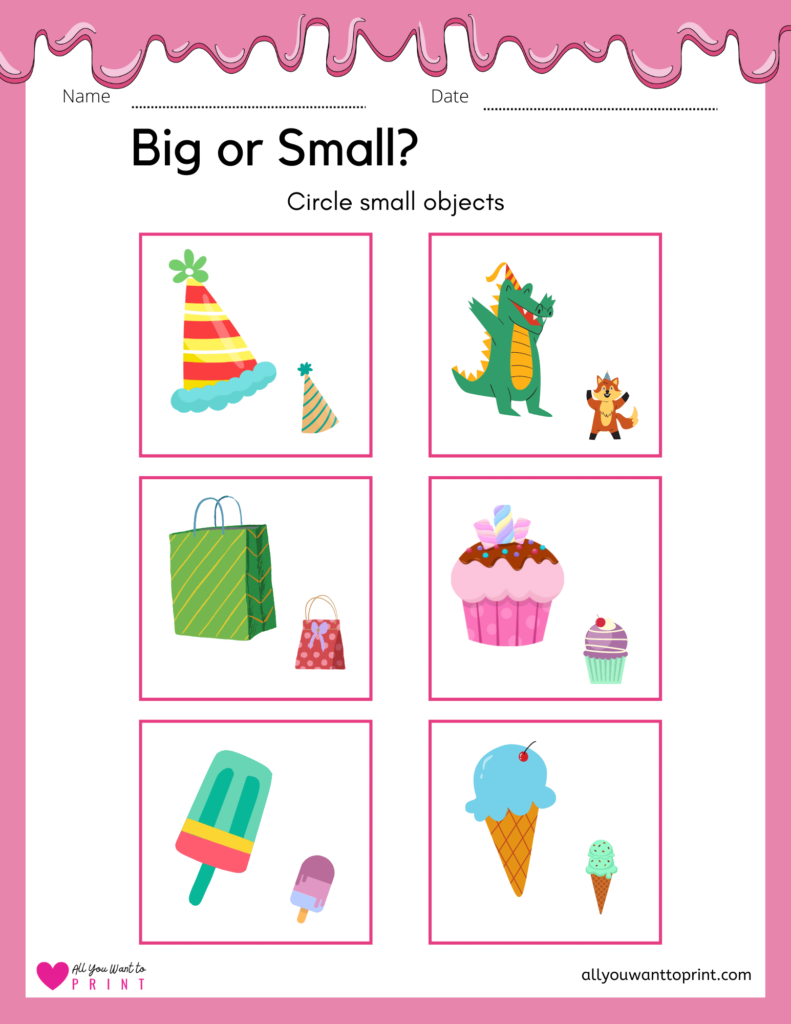 find and circle small objects - birthday party theme worksheet for preschool kindergarten kids