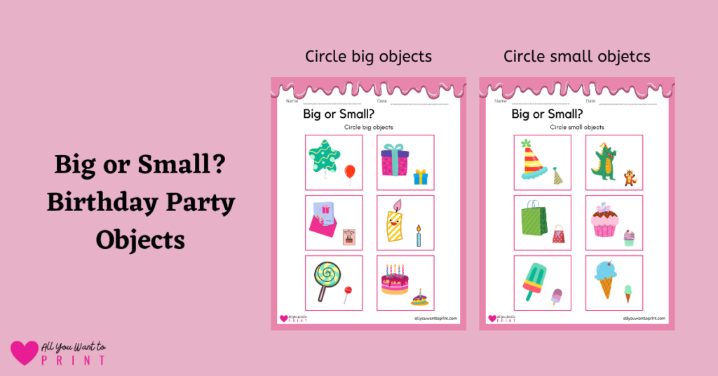 birthday party theme big or small worksheet for preschool and kindergarten kids