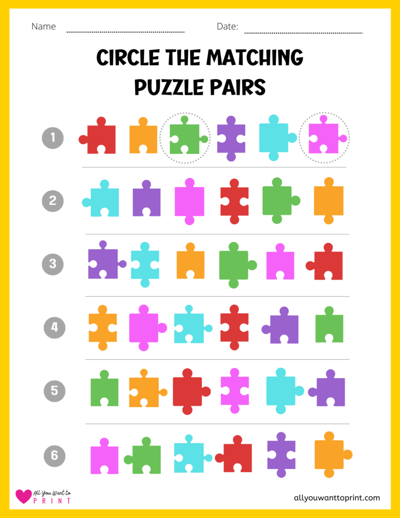 circle the matching puzzles free printable worksheet mind game pdf for kids