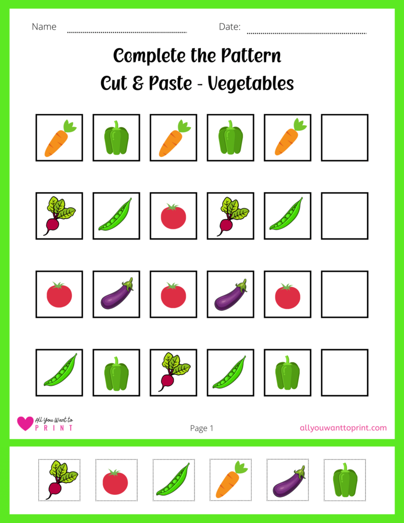 complete the pattern cut and paste activity vegetables page 1