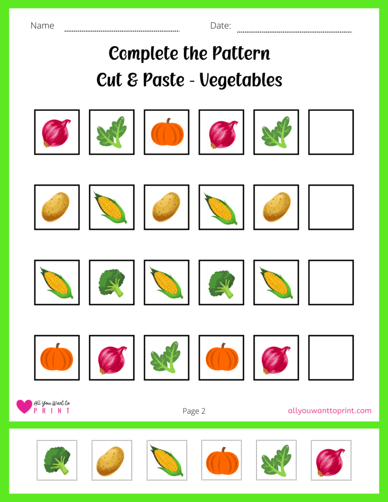 complete the pattern cut and paste activity vegetables page 2