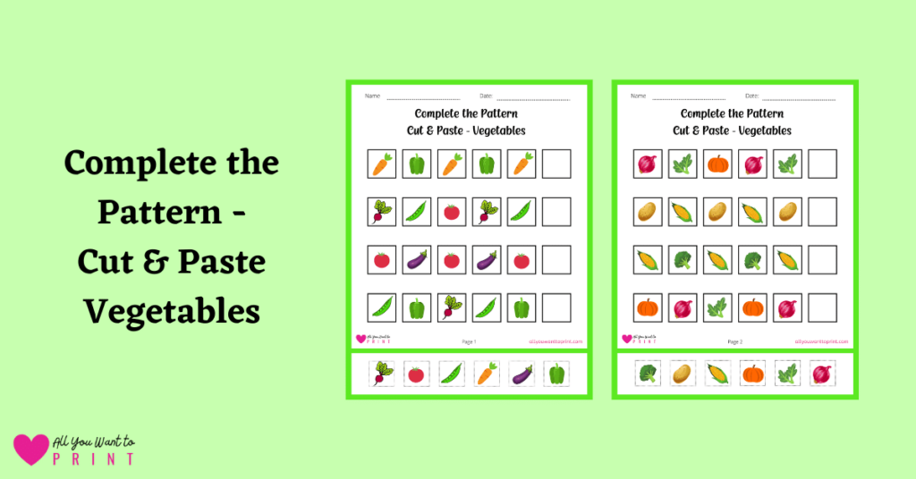 complete the pattern cut and paste vegetables free preschool kindergarten printable