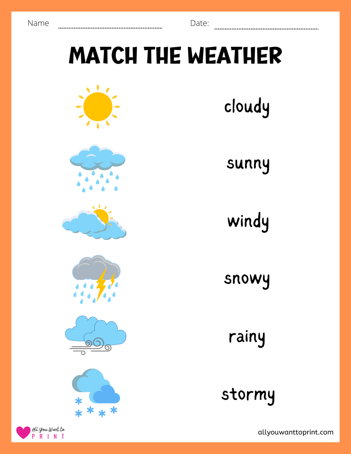 Match the Weather Condition Icons and Names - Free Worksheet