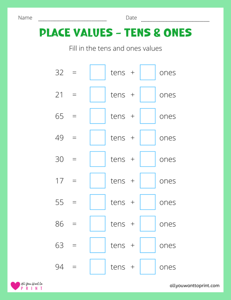 first grade place values worksheet - tens and ones