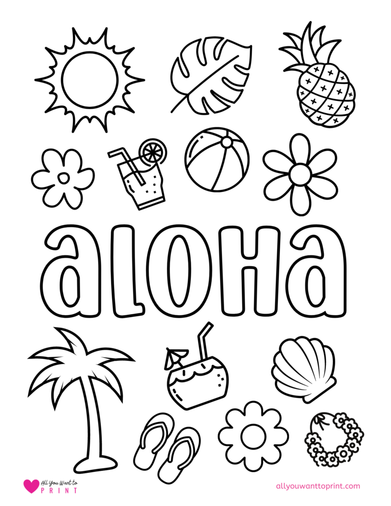 Hawaii Aloha Summer Coloring Page for Kids - Free Printable