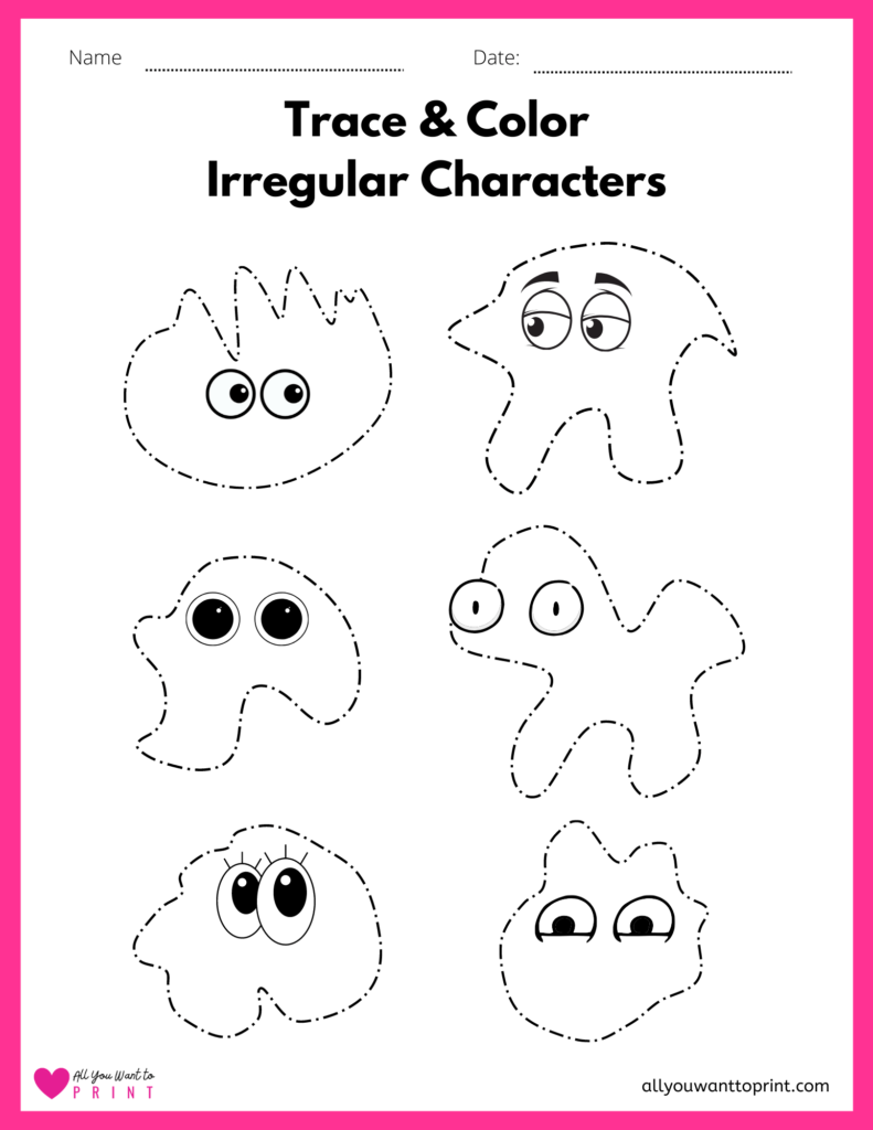 trace and color irregular shapes worksheet for preschool and kindergarten kids