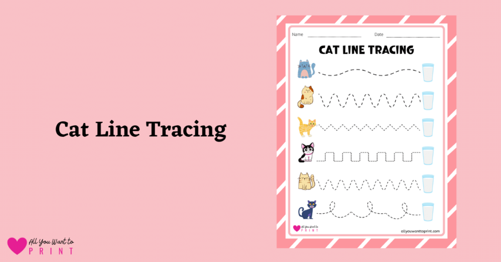 cat line tracing worksheet free printable pdf for preschool kids