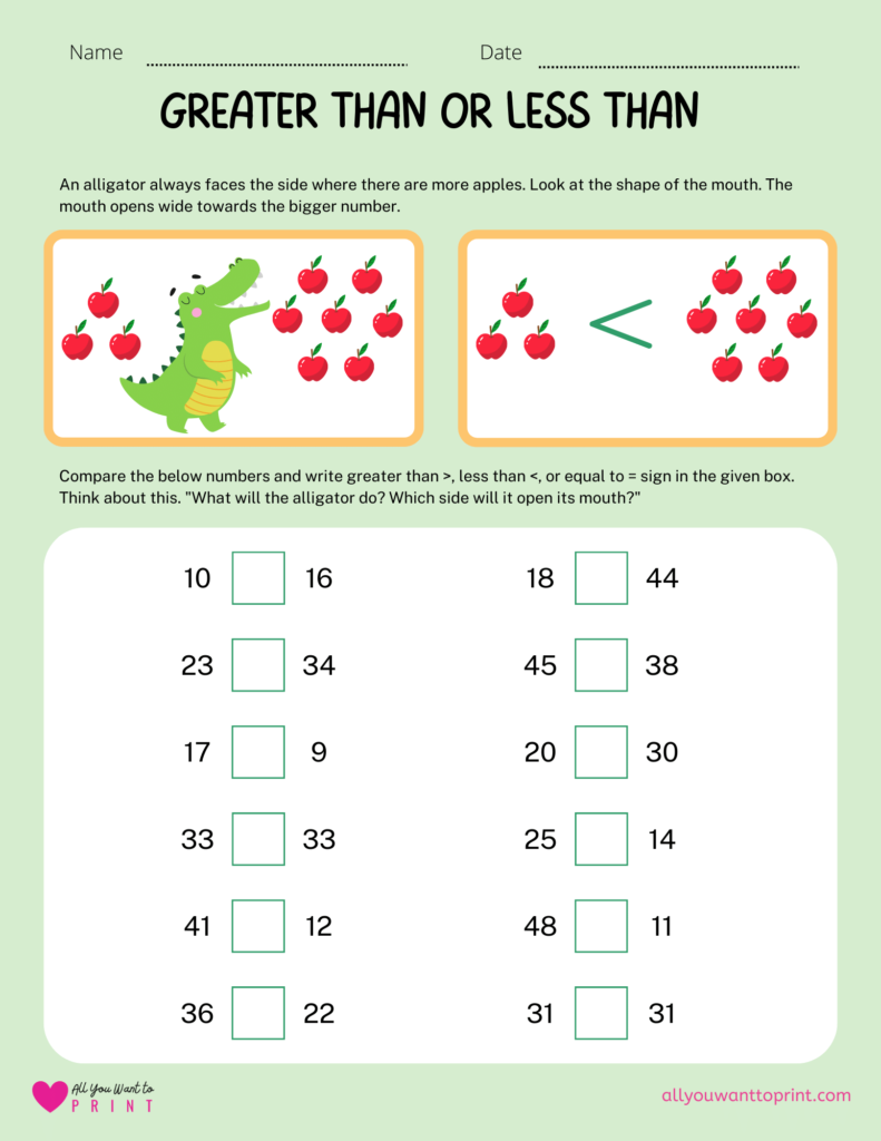 greater than or less than worksheet for first grade second grade kids