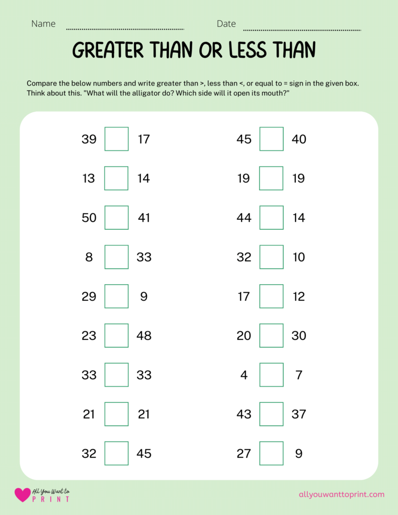 greater than or less than math worksheet for first, second grade kids