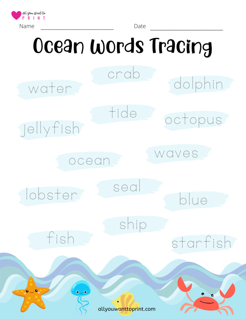 ocean word tracing worksheet for kindergarten first grade kids