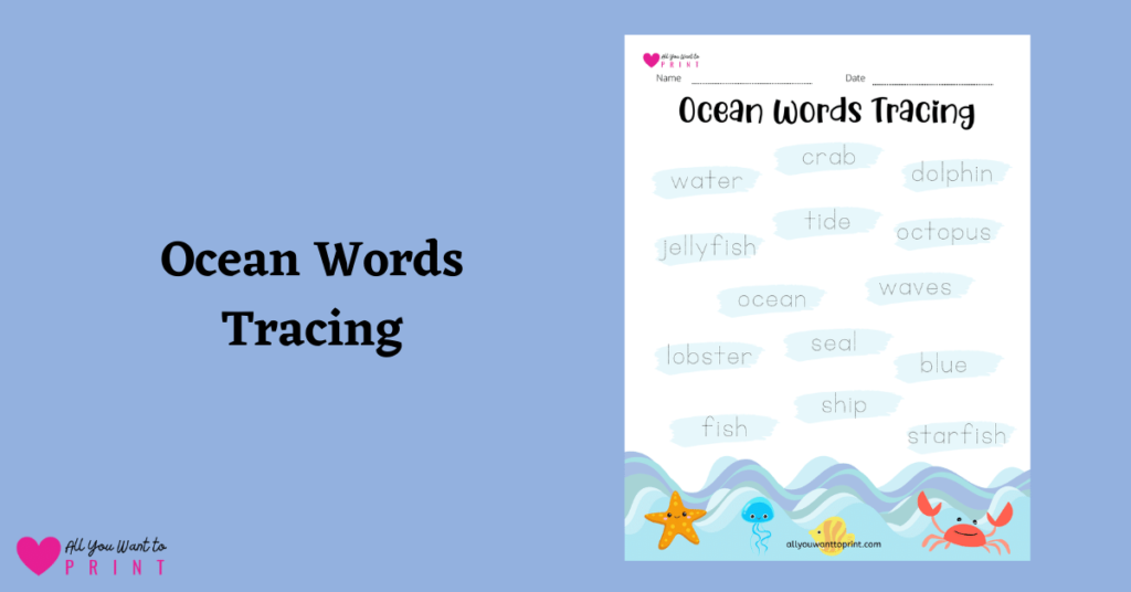 underwater ocean words tracing worksheet kindergarten first grade