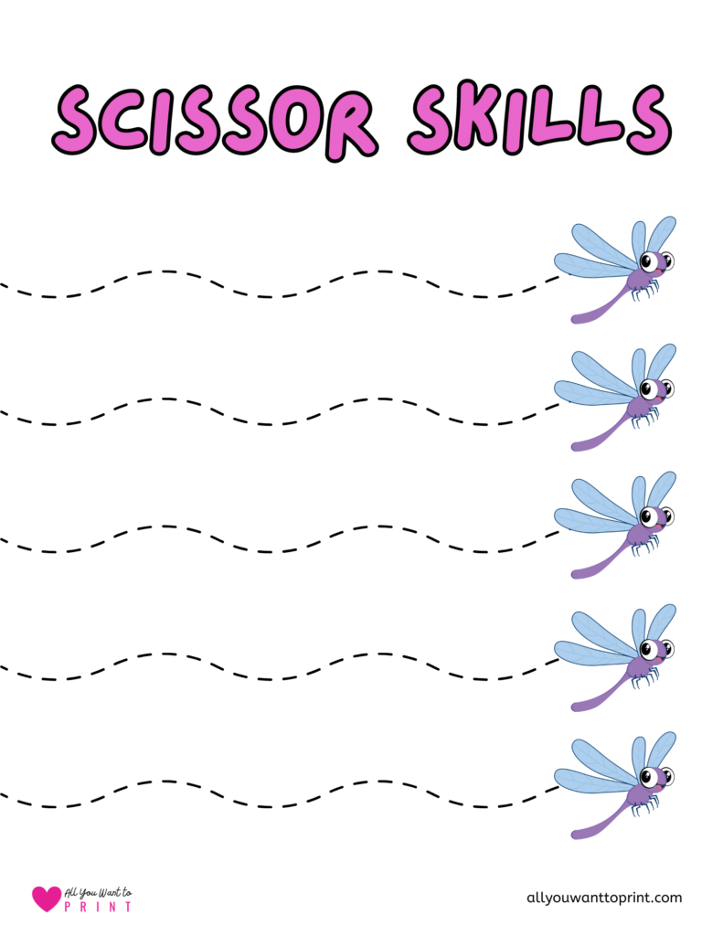 bugs dragon fly curved lines scissor skills worksheet for preschool and kindergarten kids