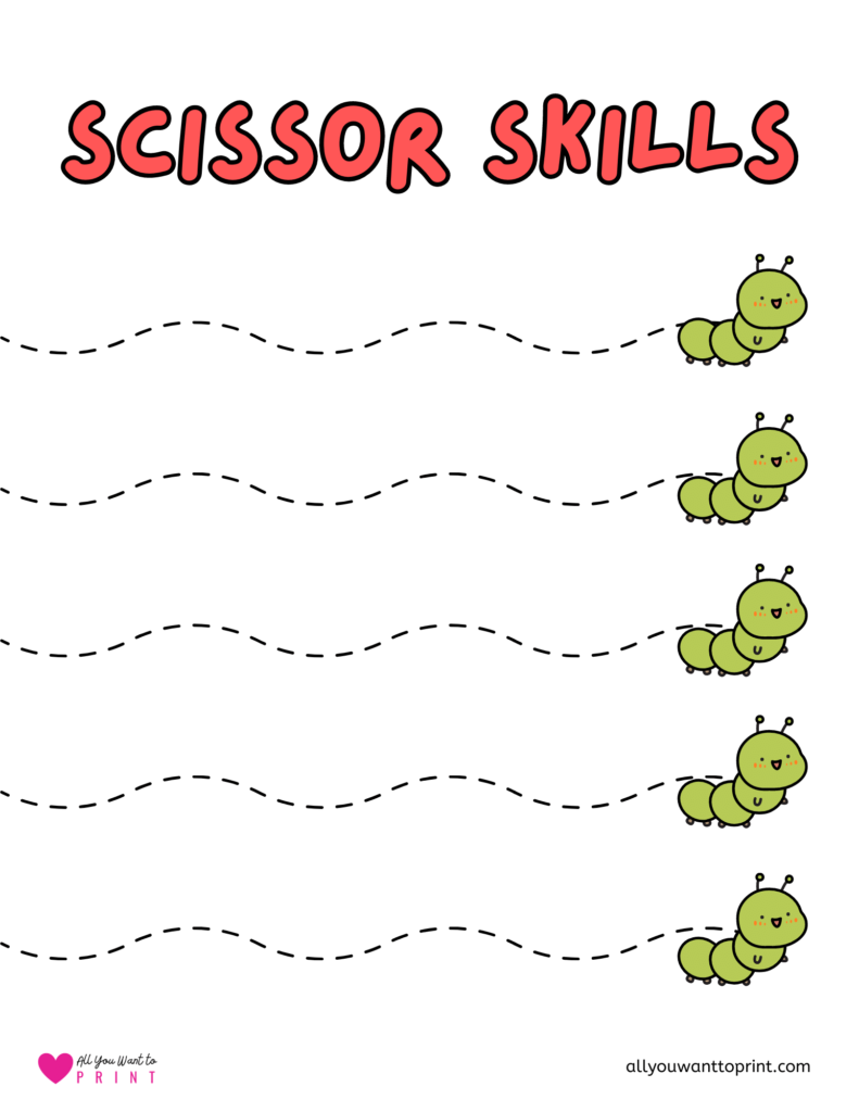 bugs caterpillar curved lines scissor skills worksheet for preschool and kindergarten kids